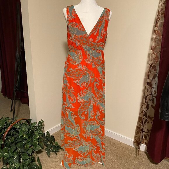 Kut From the Cloth Orange Paisley Sleeveless V Neck Maxi Dress‎ Summer Boho Med - Picture 6 of 11